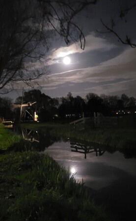 Volle maan landt in het water.